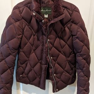 Eddie Bauer maroon down puffer jacket with Sherpa lined collar